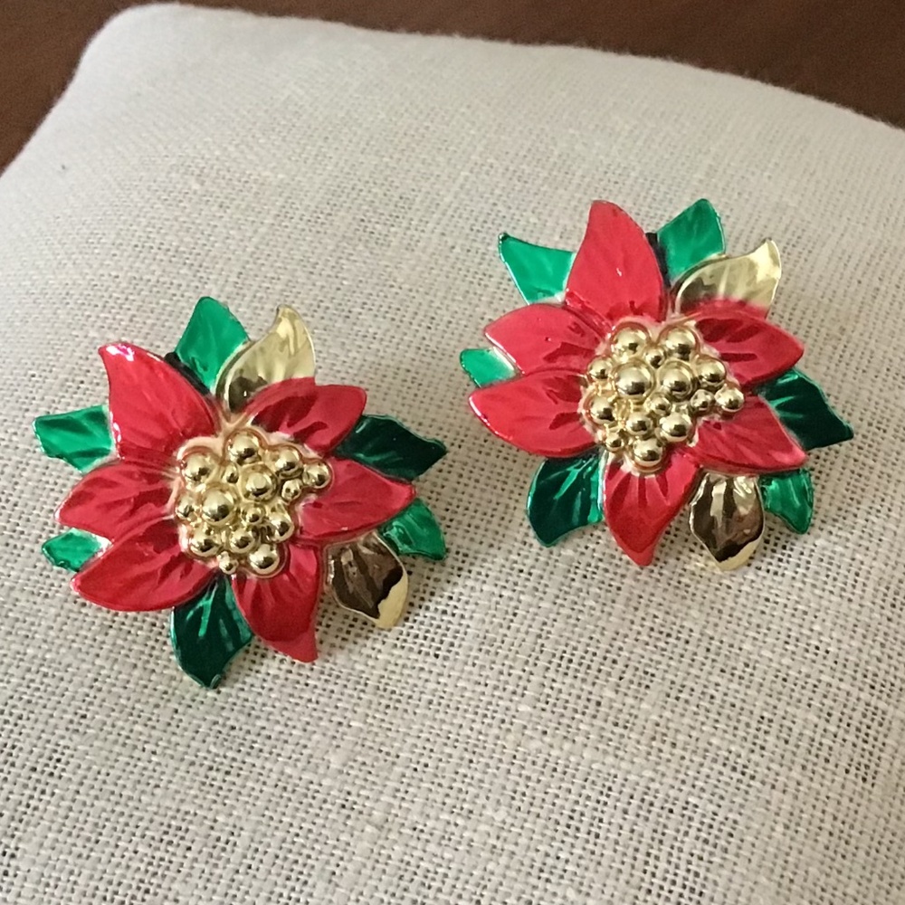 Festive Poinsettia Holiday Earrings Pierced Red Green & Gold Flowers
